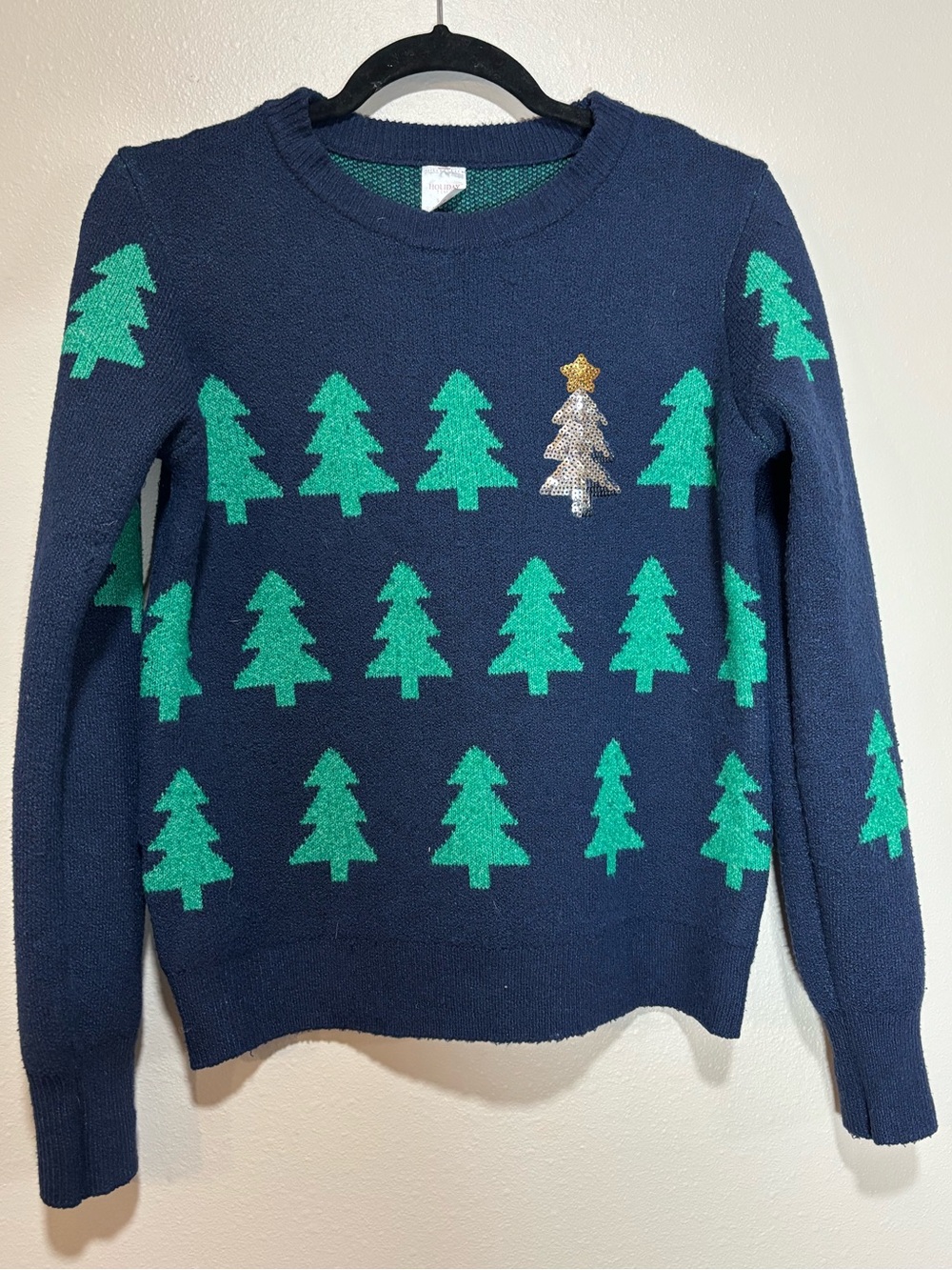 Holiday Time Navy Crewneck Sweater with Green Trees and Silver Star